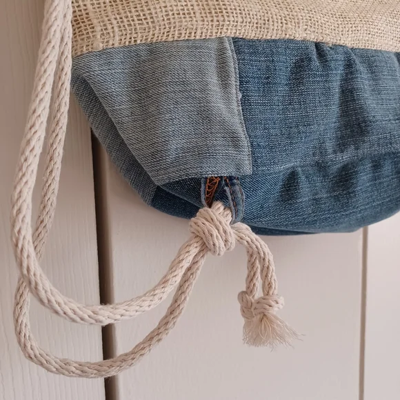 Handmade and Designed Denim and Burlap Backpack, Rucksack, Unique, Upcycled - Picture 5 of 10